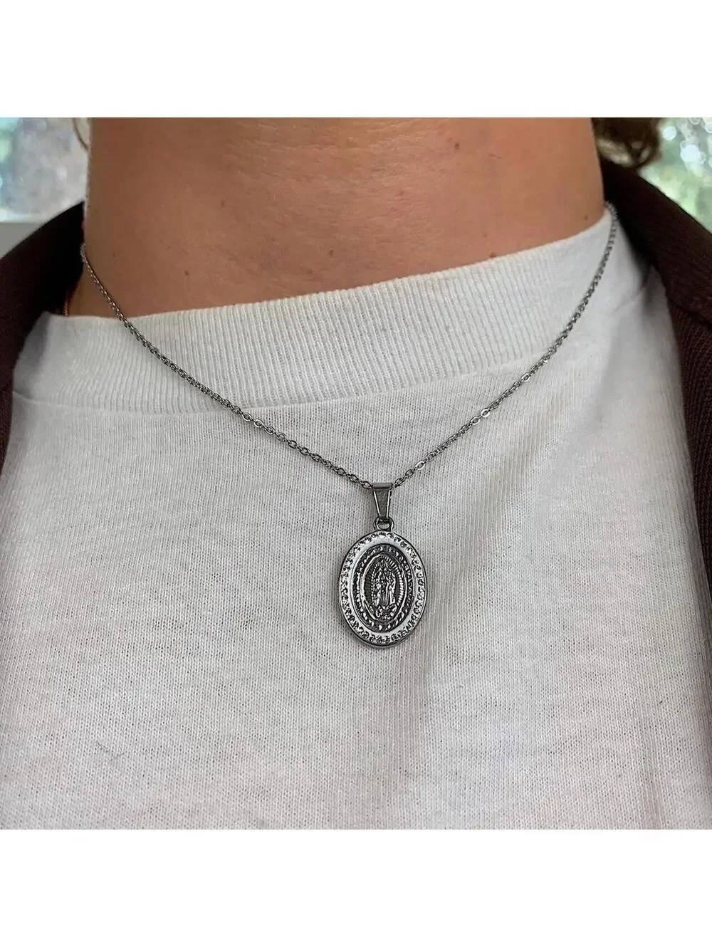 Stainless steel Silver Saint Marry rhinestone pendant y2k 90s style necklace